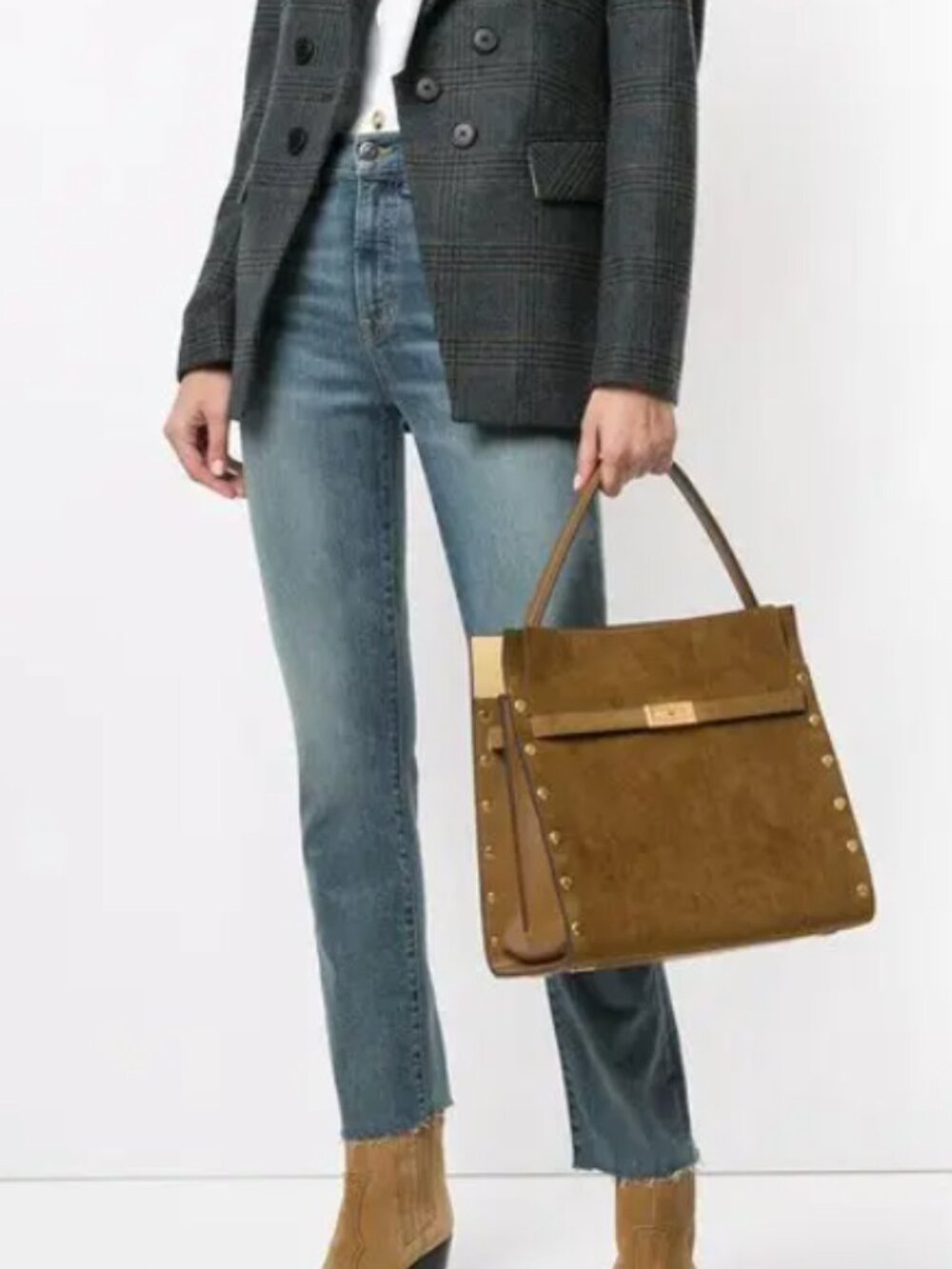 Tory Burch Lee Radziwill Suede Double Bag Coffee Brown Tobacco Leather - Picture 3 of 14